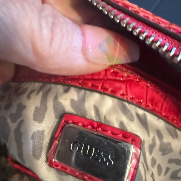 GUESS Hot Pink Croc-Embossed Satchel with Leopard Stripe - Picture 4 of 9